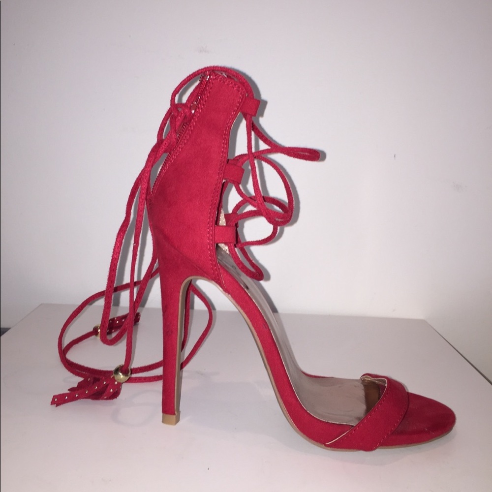 Red sued lace up high heels